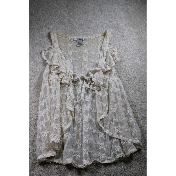 Pinky Cream Lace Ruffle Open Front Sleeveless Blouse Top Size S - Picture 1 of 8